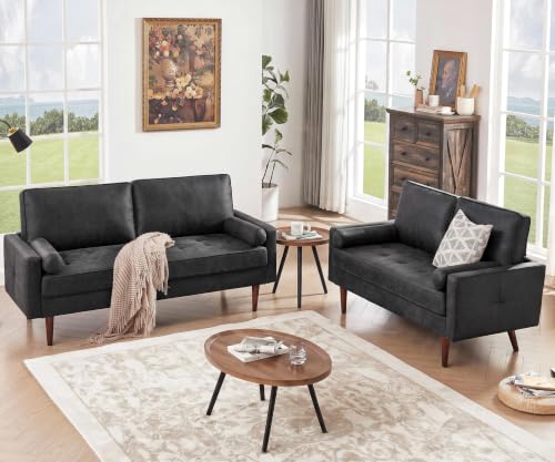 Image of HIFIT 57 inch Loveseat Sofa Couch, Mid Century Modern Faux Leather Couch, Black