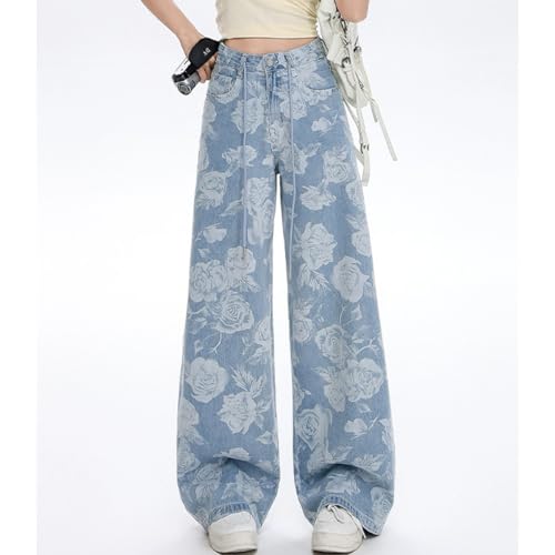 Fashion Casual High Waisted Straight Leg Jeans for Woman Y2K Cute Floral Printed Waist Drawstring Denim2