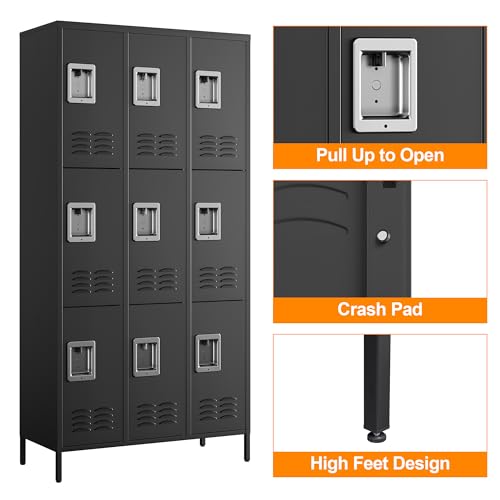 Image of Metal Locker with 9 Doors Employees Locker, Metal Storage Locker with Hooks, 71 inch Storage Cabinet Lockers for Employees, Home, Office, Gym Requires Assembly (9 Doors, Black)