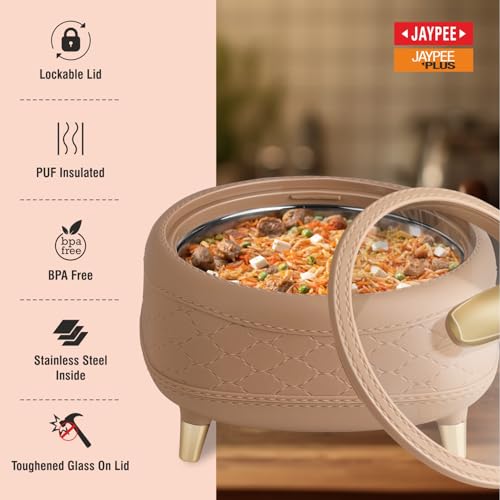 Image of JAYPEE Kingston Klass Stitched Leather Luxurious Outer & Inner Stainless Steel Casserole Set of 3 with Glass Lid (1500+2000+2500) ml PUF Insulated Serving casserole Set Roti Box Hot Box BPA Free,Brown