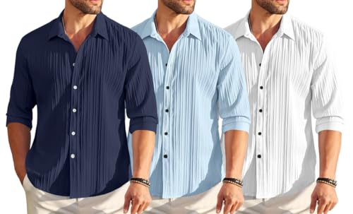 Image of FINIVO FASHION Combo of Men's Casual Cotton Plain Button Down Shirt Long Sleeve Textured Summer Beach Shirt for Men Pack of 3