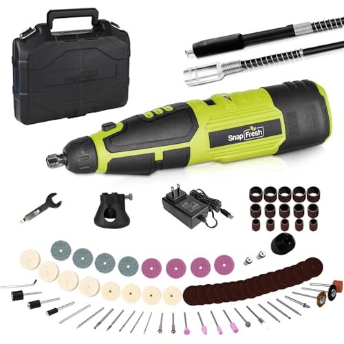 SnapFresh Cordless Rotary Tool Kit 12V with 80+ Accessories & Flex Shaft Multi Tool, 7 Variable Speed 28000RPM for Sanding, Polishing, Drilling, Etching, Engraving, DIY Crafts