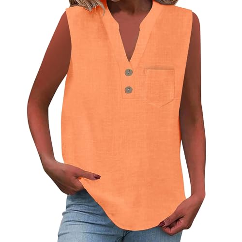 Chalecos de algodón y lino para mujer, cuello en V, con botones, casual, ligera, transpirable, sin mangas, ajuste holgado, cómodo, color sólido, blusa para salir a diario, playa, vacaciones, naranja