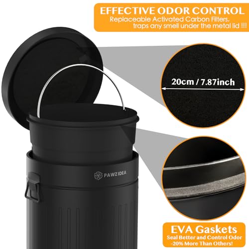 Image of PAWZIDEA Dog Poop Trash Can Outside Odor Control, 3.1 Gallon Outdoor Trash Can with Lid, Waterproof Pet Waste Disposal Container, Small Poop Bin Step Garbage Can, 7.8in Activated Carbon Filter, Black