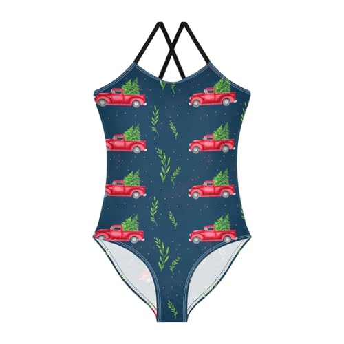 Red Trucks Blue Swimming Suit for Girls Quick Dry Crossback One Piece Swimming Suits with Adjustable Strap 3T