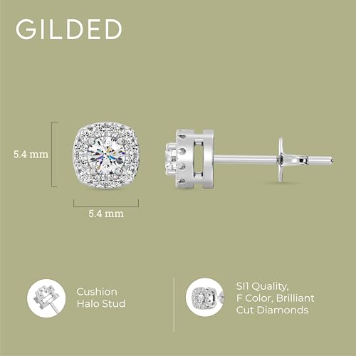 Gilded Lab-Grown Diamond Sterling Silver and 14KT Yellow Gold Plated Silver Stud Earrings for Women | Cushion Halo Shaped Studs | Hypoallergenic Fine Jewelry | Prong Setting, Push Back Nut | SI1 Clarity, F Color 1/4, 1/2, ,1 Carat Total Weight4