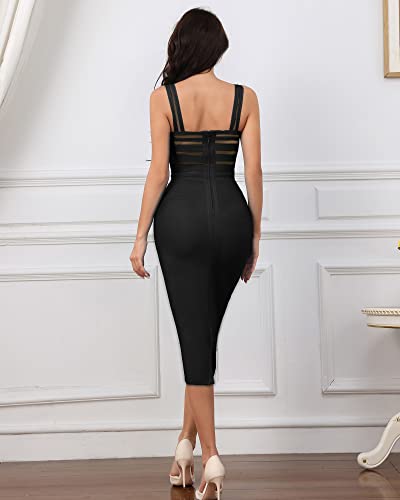 Baicpo Women'S Stretchy Bandage Bodycon Midi Dress Elegant Sleeveless Spaghetti Straps Evening Party Cocktail Dresses Black thumb #5