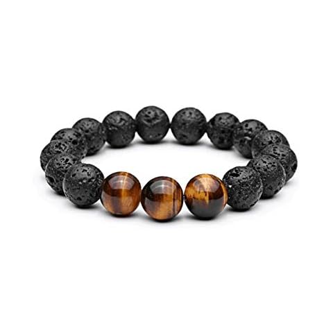 YUANYI Men's and Women's Natural 12mm Tiger Eye Lava Rock Elastic Beaded Bracelet Cover