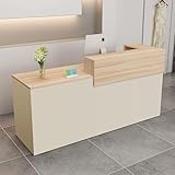Modern Reception Desk,Computer Workstation,with Drawers and Open Shelves,Suitable for Salons, Offices, Lobbies, Retail Stores, and Home Offices(Wood Color+beige/Left,71" W)
