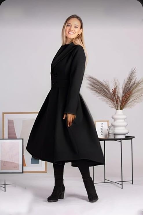 Image of Women's A-Line Long Blazer Dress | Cotton Blend Formal Office Wear Jacket Dress | Double Button Lapel Collar Long Coat | Casual, Business, Party & Winter Wear | Black & Purple