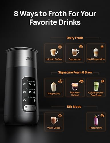 Image of DREO Milk Frother, 8-in-1 Electric Stainless Steel Frother for Latte Art Microfoam and Coffee, 9oz /270ml Warm and Cold Foam Automatic Frothers, LED, Easy to Clean