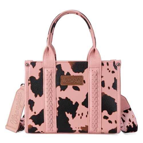 Wrangler Cow Print Tote Bag for Women Western Purse Boho Top Handle Satchel Handbag with Guitar Strap Gift Pink, XY WG133-8120SPK