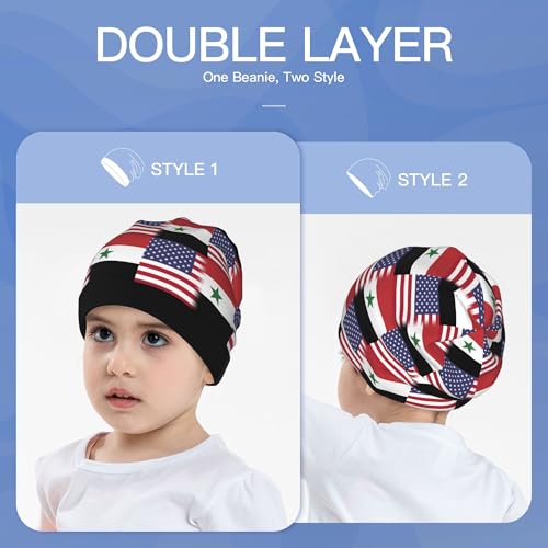 American Flag and Syrian Flag Kids Leisure Elastic Knitted Hat Junior Large Size Knit Cap Child Beanie Black3