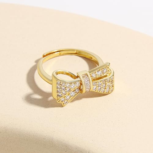 18K Gold Plated Bow Ring for Women Cubic Zirconia Bow Tie Adjustable Open Ring Statement Jewelry2