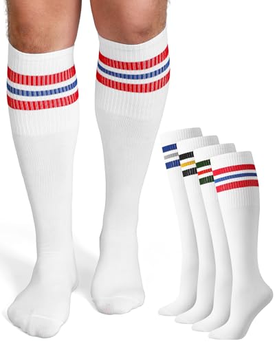 Shihanee 4 Pairs Striped Tube Socks for Men School Cotton Athletic Triple Stripe Knee High Sock Size 10-13