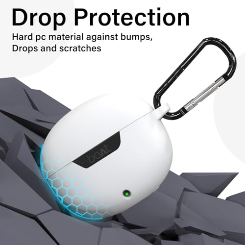 Image of Sounce Earphone Case Cover for Boat Airdopes 300 Premium TWS Soft Silicone Skin Case Cover Shock Absorbing Protective Case with Keychain [Front LED Visible] - White