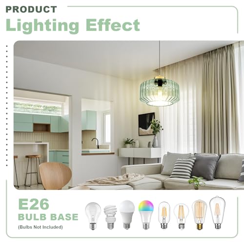 Image of Mint Green Plug in Pendant Light, Adjustable Hanging Light with Plug in Cord On /Off Switch, Striped Glass Chandelier for Bedroom, Kitchen Island, Dining Room