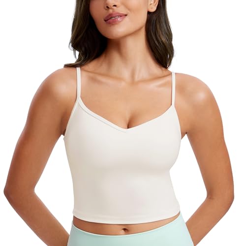 CRZ YOGA Butterluxe Womens Sweetheart Longline Sports Bra - Adjustable Thin Strap Workout Tank Tops Yoga Padded Camisole Milky White (Bone) Large