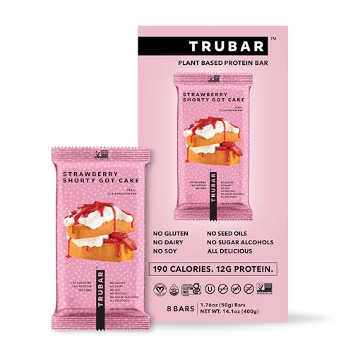TRUBAR Vegan Protein Bar, Strawberry Shorty Got Cake, Gluten Free, Plant Based Protein, Dairy Free, Non GMO, Soy Free, No Sugar Alcohols, 12G Protein, 12G Fiber, 23G Carb, On the Go Snack Bars, 8 CT