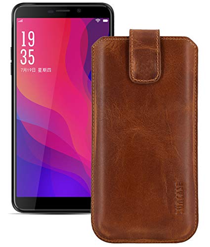 Suncase ECHT Ledertasche Leder Etui *Slim-Edition* kompatibel mit Vernee X2 (2019) (mit Rückzugsfunktion & Magnetverschluss) antik Cognac