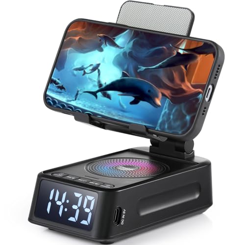 DiKaou Phone Stand with Bluetooth Speaker & Clock Gifts for Men Women Birthday Gifts for Him Phone Holder with Wireless Speaker Ideal for Dad Mom Husband Boy Cool Tech Gadget