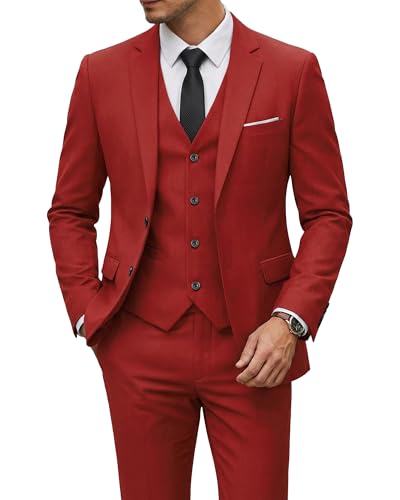 Image of YND Men's 3 Piece Suit with Tie, Solid Color Slim Fit Jacket Vest and Pants
