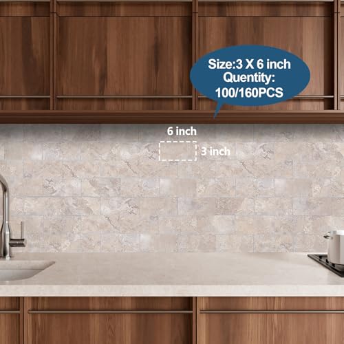 Yipscazo Peel and Stick backsplash 3 x 6 Zoll 3D PVC Composite Wall Tile Stick auf Backsplash Fliese für Küche Bad, Waschküche, Kamin (Beige Stone Texture, 100 Stück)