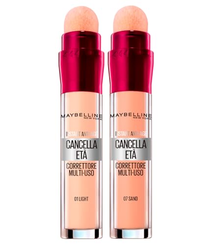 Maybelline New York Sponge Applicator + Erase Age Corrector Liquid Concealer 07 Sand Mehrzweckfarbe 01 Light mit Instant Anti-Age Dark Circles