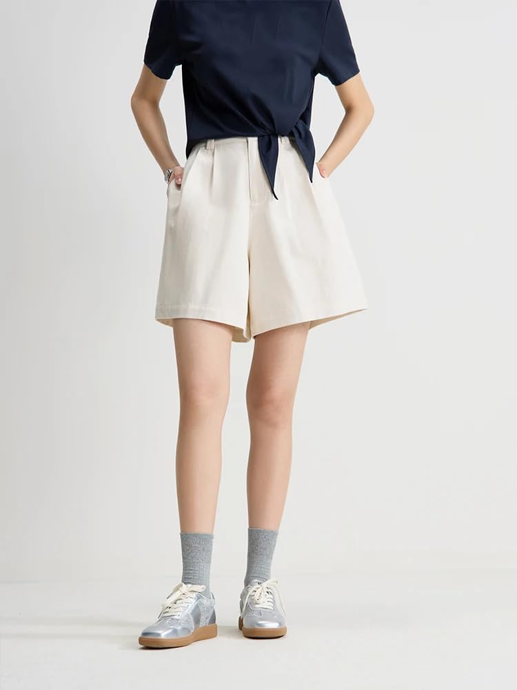 Pantalones cortos casuales de verano para mujer, cintura alta, elásticos, para la oficina, beige, L