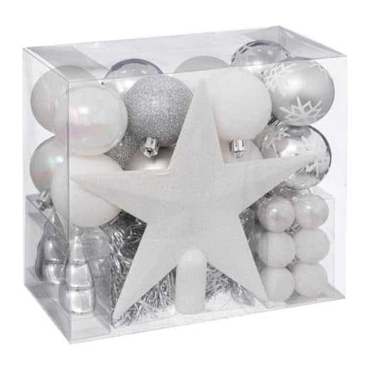 Lot déco Noël - Kit 44 pièces pour décoration sapin : Guirlandes, Boules et Cimier - Thème couleur : Blanc, Parme et Gris Argent
