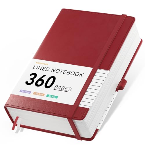 NORDUN Cuaderno rayado A5,360 páginas de composición con notas adhesivas, papel grueso de 100 g/m², diario de cuero para mujeres y hombres, escuela, oficina, escritura, 14,5 x 21 cm, color rojo
