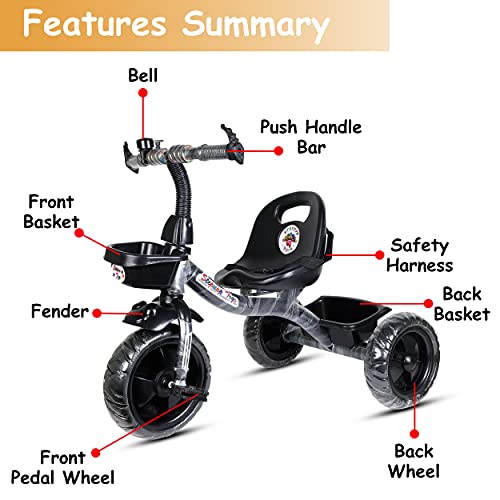 Image of Maanit Kids Tricycle with Rear & Front Basket | Comfortable Cushioned Seat with Safety Belt | Baby Trike for Boys & Girls Ages 2 to 4 Years | Sturdy & Safe Tricycle