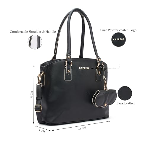 Image of Caprese Lexi Medium Satchel Bag for Women | Solid Faux Leather Handbag with Adjustable & Detachable Strap | Zipper Closure with External Eyewear /Sunglass Charm Case | Perfect for Office Use