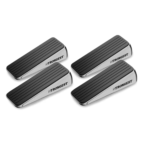 Image of STRONGEST HOME Stoppers for Bottom of Door - Heavy Duty Metal Rubber Door Stopper, Non-Slip Door Stop for Heavy Doors, Works on Wood, Tile & Carpet Floors Wedge Chrome 4 PCs + 4 White Wall Protectors