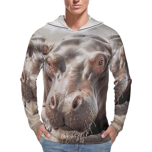Mens UPF 50+ Sun Protection Hoodie Rash Guard Long Sleeve Sun Shirt Hiking Hippopotamus in Water Fishing Hoodie-