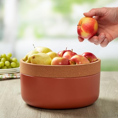 Image of Kamenstein Ceramic and Cork Large Breathable Produce Bowl with Lid, Nautral Cork and Terra Cotta Ceramic, 11 x 11 x 6 Inch