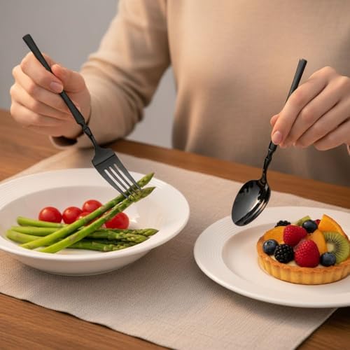 Image of Elegant Handle Black 12 Pcs Heavy Duty Stainless Steel Cutlery Set for Dining Table (3 pcs Spoon Set+3 pcs Forks Set+3 pcs Butter Knife+3 pcs Dessert Spoon for Kitchen)