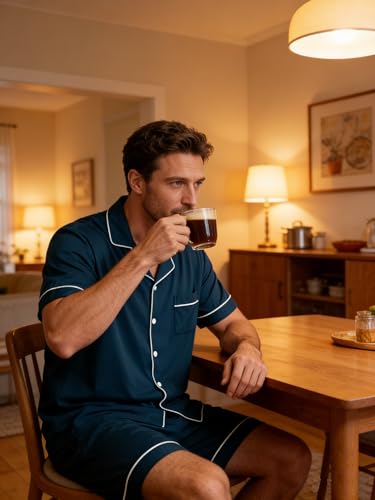 Image of Mens 2 Piece Short Sleeve Button Down Pajama Set, S-3XL | Soft Modal Fabric, Cool Lightweight Sleepwear & Loungewear with Pockets, Home Relaxing