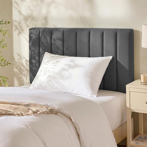 Image of Hearth & Harbor Wall Mounted Twin Headboard Only, Bed Headboard Twin Size | Easy Assemble, Floating Peel and Stick, Upholstered, Channel Stitched, 3D Wall Panels, 5 Strips of 3M Tape Included, Grey