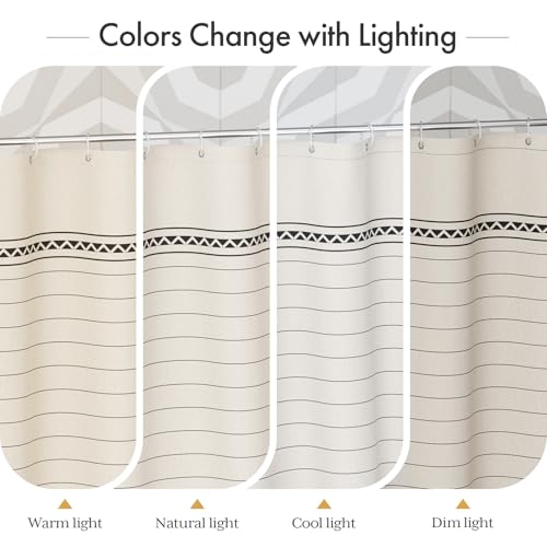 Image of AmazerBath Boho Shower Curtain, Modern Farmhouse Shower Curtain Set with Tassels, Rustic Faux Linen Black Striped Shower Curtain with Hooks, Light Tan Toned, 72x72 Inches
