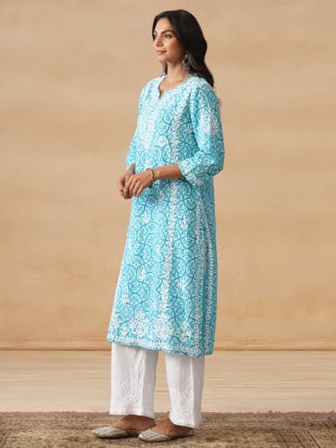 Image of Aidah Chikankari Mulmul Straight Kurta |Chikankari | Short Kurti Lucknowi Turquoise Blue