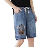 Womens Embroidery Floral Elastic Waist Denim Shorts Casual Embroidered Straight Leg Drawstring Denim