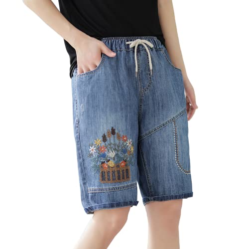 Womens Embroidery Floral Elastic Waist Denim Shorts Casual Embroidered Straight Leg Drawstring Denim Jean Shorts With Pocket #TOP9