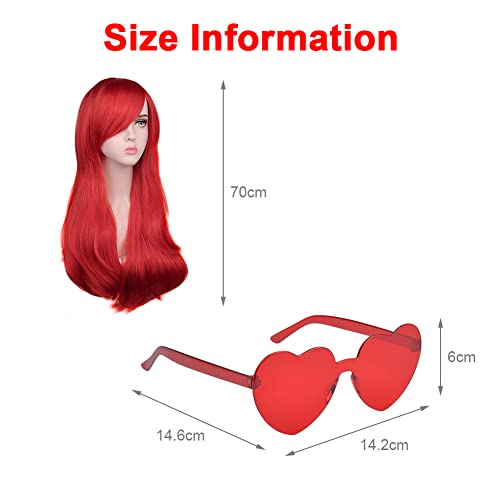 AOMIG Long Wavy Red wig, 3 Pack Set including Sunglass & Wig Cap, Charming Full Curly Hair With Bangs - Image 2
