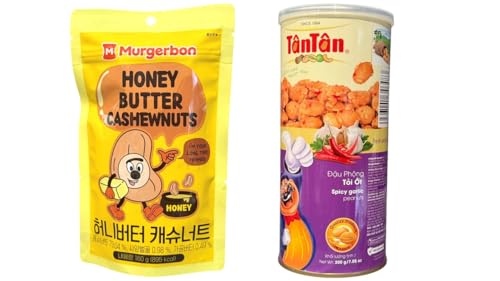 Image of Combo - Honey Butter Cashew and Spicy Garlic Peanuts - Hat Dieu Vi Bo Mat Ong va Dau Phong Toi Ot - 5 Oz per Bag and 7 Oz per Can with 2 Iterms per Order