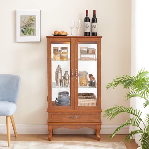 Image of 49 inch H Lighted Curio Cabinet Display Case, Glass Curio Cabinet with Adjustable Shelves,Tempered Glass Door and Drawer, Wooden Cabinets w /Mirrored Back Pane for Living Room (Oak)