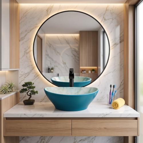 Image of Elegant Designer Ceramic Vessel Sink, Table Top Wash Basin for Bathroom, Hotel & Home Vanity Counter, Modern Over Counter Basin, 16 x 13 x 5.5 Inch