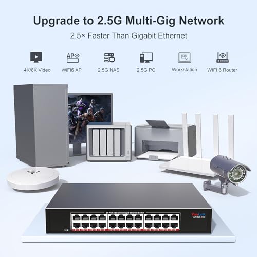 Image of 2.5Gb Ethernet Switch 24 Port Unmanaged, VunLink 24x2.5GbE RJ45 Multi-Gigabit Network Switch, Plug & Play, Rackmount /Desktop, Fanless Metal Design for NAS, Gaming, Office & Home Network