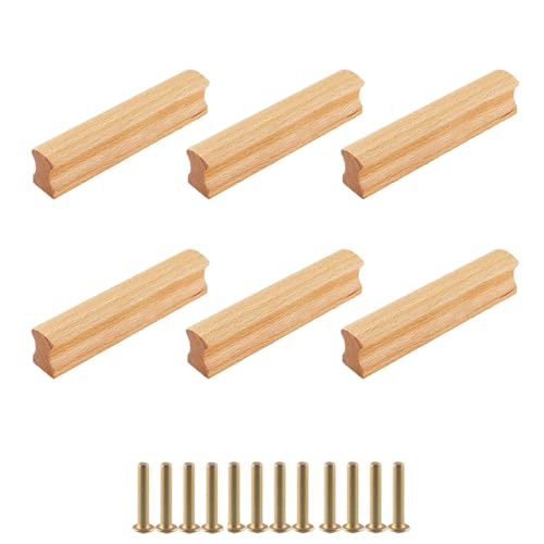 GANILITY Tiradores de madera para muebles, 6 unidades, con tornillos, distancia entre orificios de 96 mm, tiradores para cajones de cocina, muebles, oficina, cajones, color madera