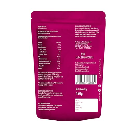 Image of Purevida Cashews 450gm | Rich in Protein, Healthy Fats & Antioxidants | Supports Heart Health & Energy Boost | Crunchy & Delicious | Gluten-Free | Ideal for Snacking, Cooking & Baking (Pack of 2)